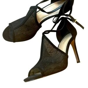 BCBGeneration Black Lacey Stiletto Ankle Strap Heels + Peep Toe, Women Size 7.5